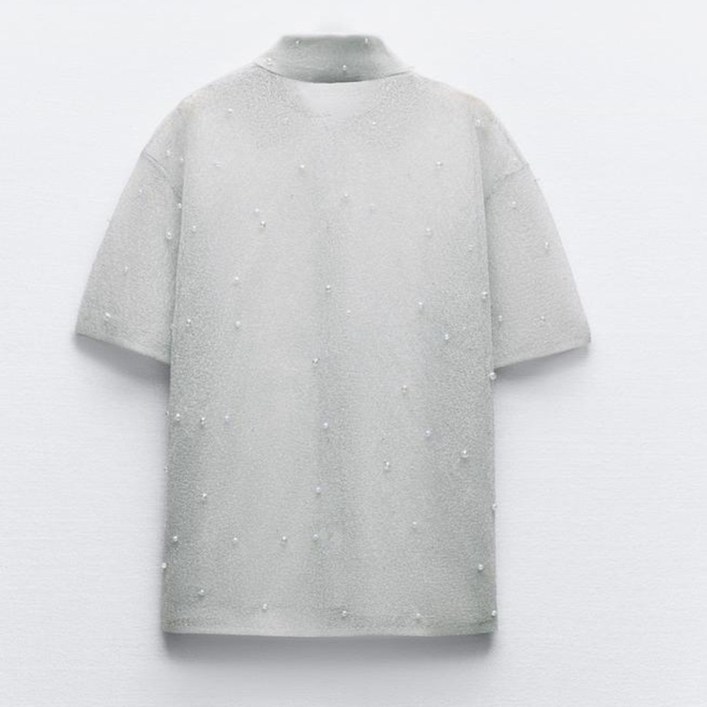 Zara Pearl trim semi sheer knit shirt - Picture 4 of 13